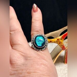 Fancy dichroic glass gemstone handmade  Silver Statement Ring 6.75
